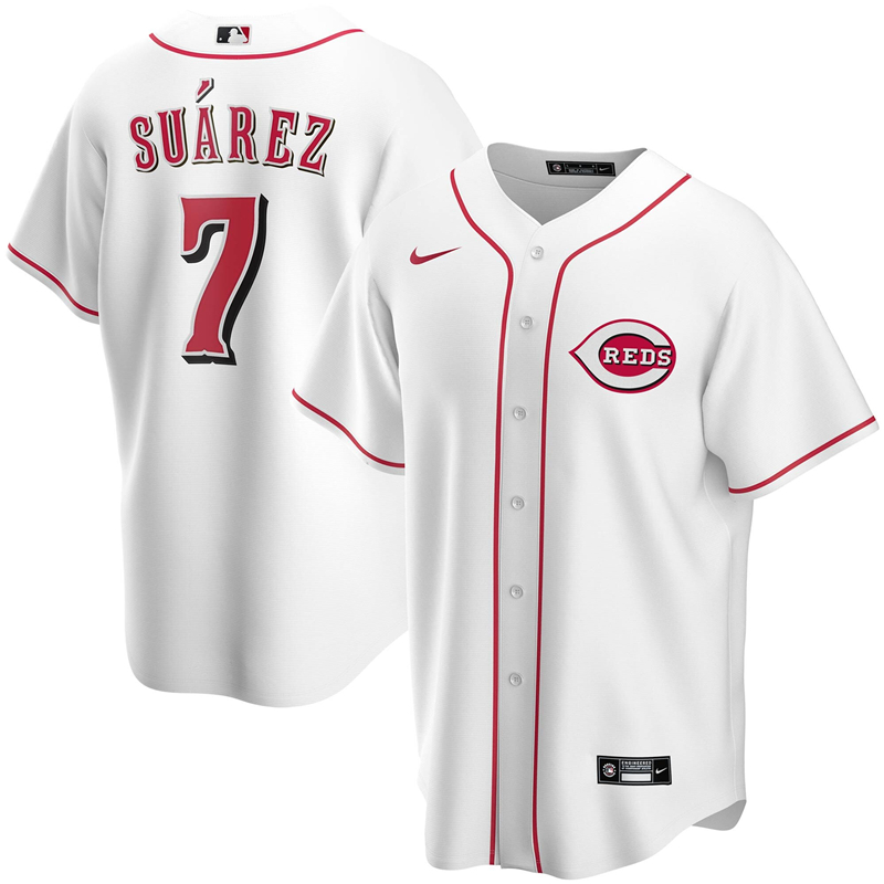 2020 MLB Men Cincinnati Reds 7 Eugenio Suarez Nike White Home 2020 Replica Player Jersey 1